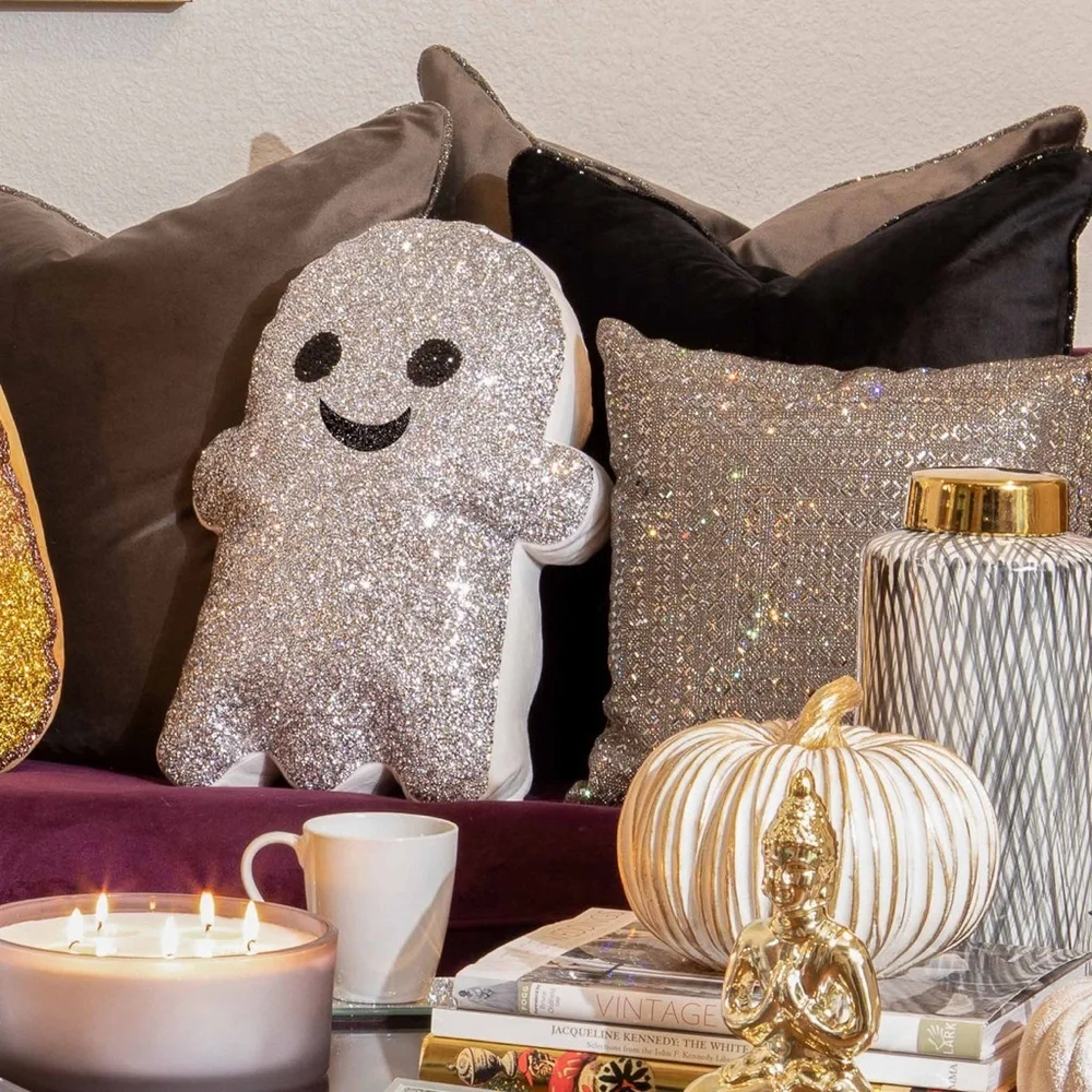 Sparkles Luminous Ghost Shaped Rhinestone Halloween Throw Pillow Bling Sparkly